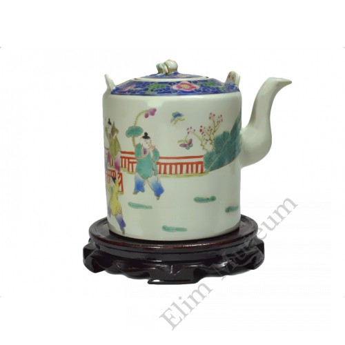  1090  A rose famille verte tea pot with playing  mother and children